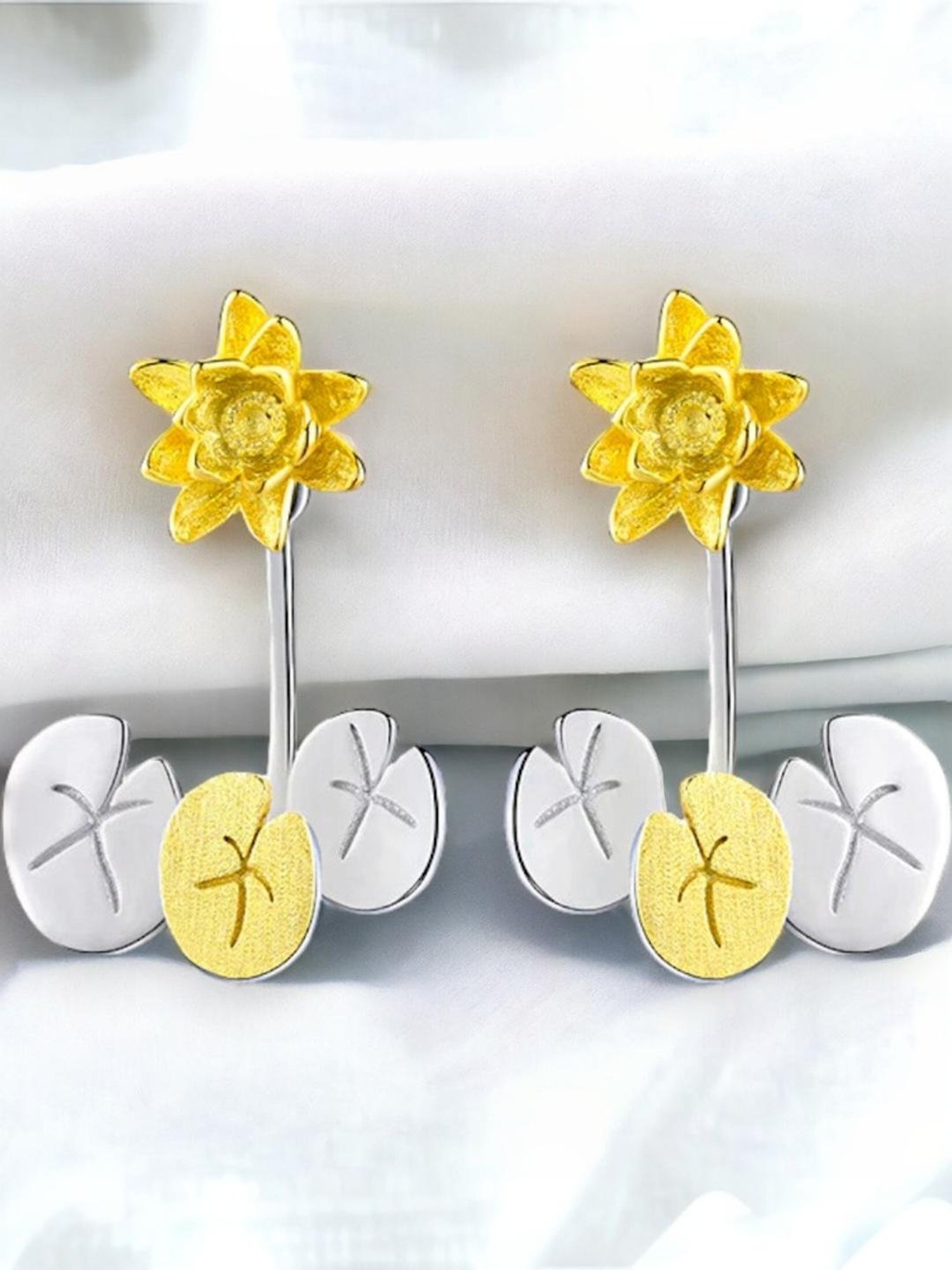 Rihi by P.C. Chandra Jewellers 92.5 Sterling Silver Lotus Back Ear Jacket Earrings for Women & Girls