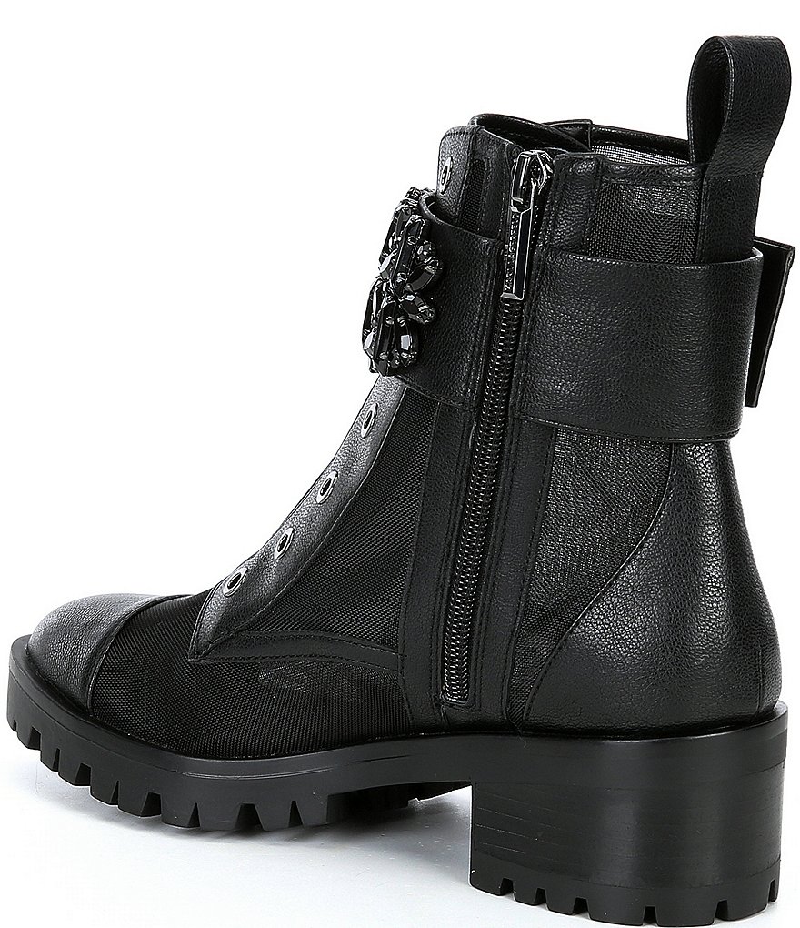 KARL LAGERFELD PARIS Pippa Mesh Bling Strap Lug Sole Combat Booties