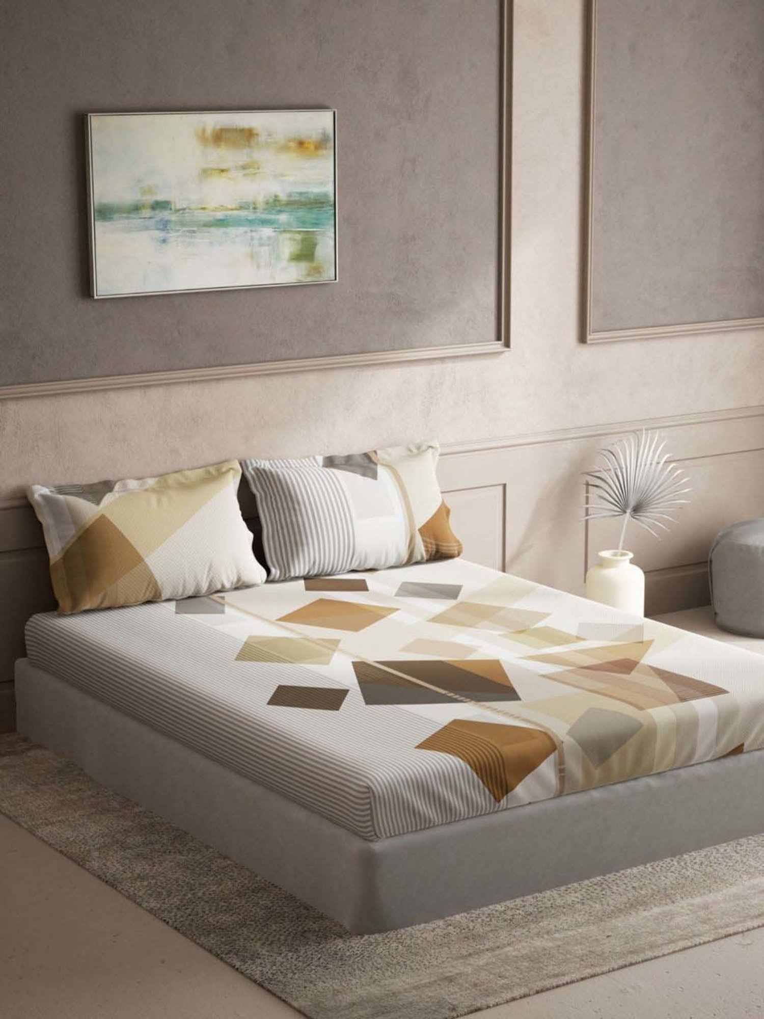 DDecor Geometric Brown 136 TC Cotton King Bedsheet with 2 Pillow Covers