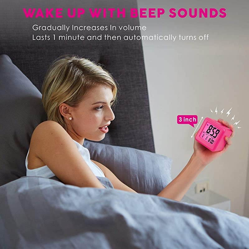 Digital Alarm Clocks Travel Clock with Snooze and Pink Nightlight Easy Setting Clock Display Time Date Alarm Ascending Sound Battery Powered Pink