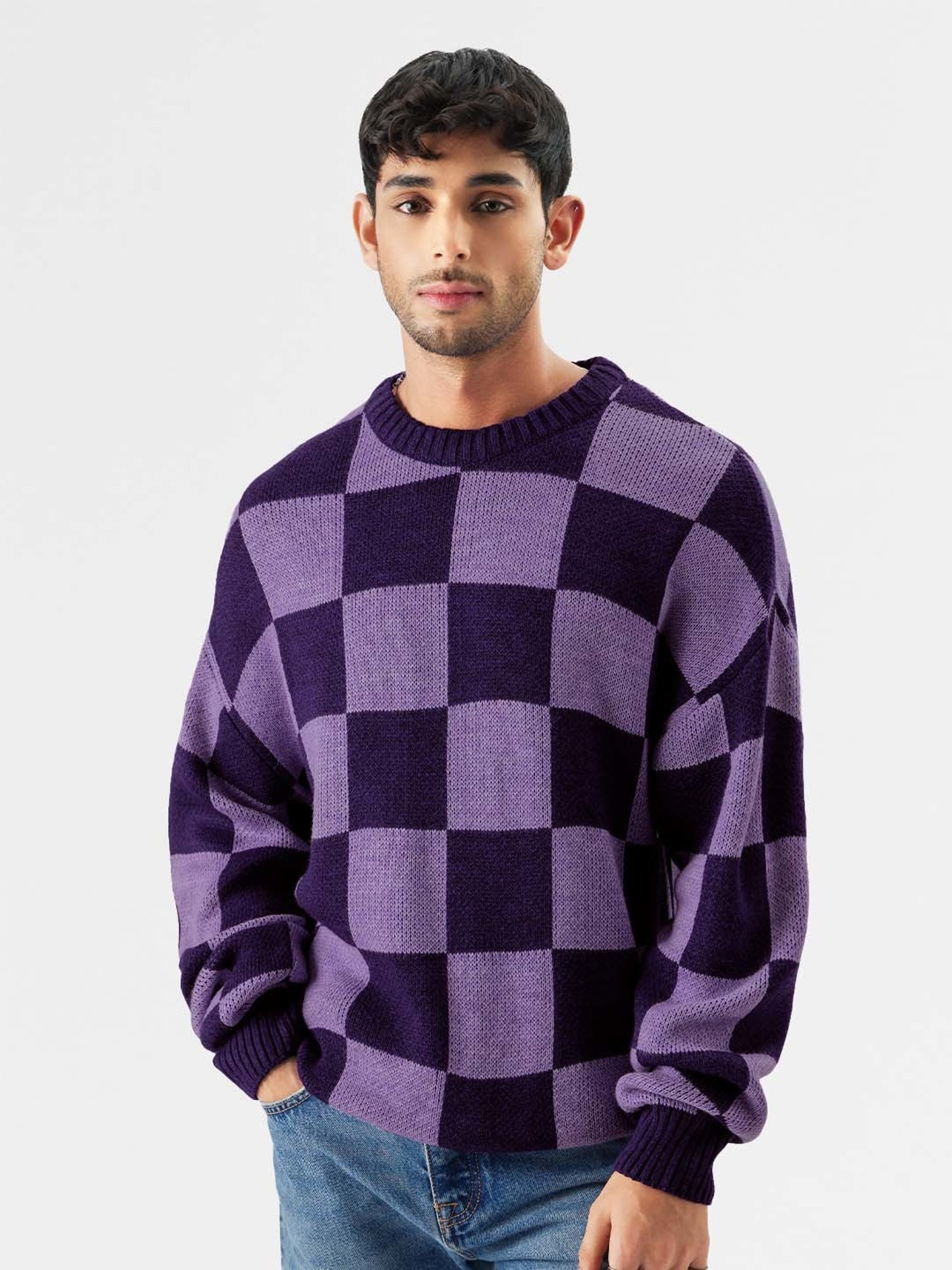 The Souled Store Originals Purple Check Oversized Sweater