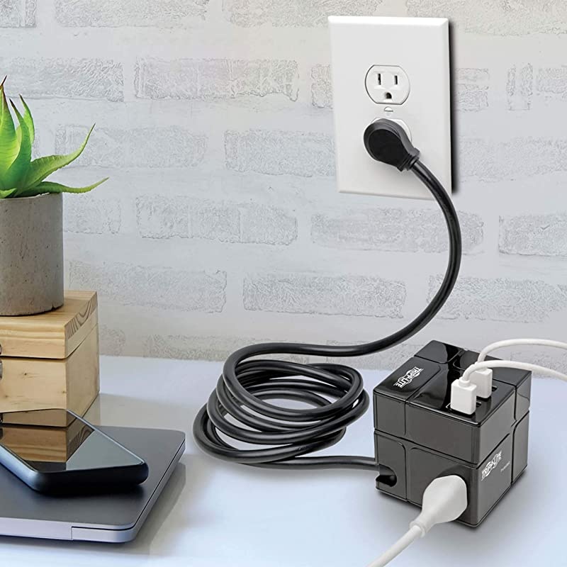 3 Outlet Surge Protector with USB, Detachable Wall Outlet Surge Protector, 6 USB Ports, 6 ft. Cord, 540 Joules, Black, & $50, 000 Insurance (TLP366CUBEUSBB)