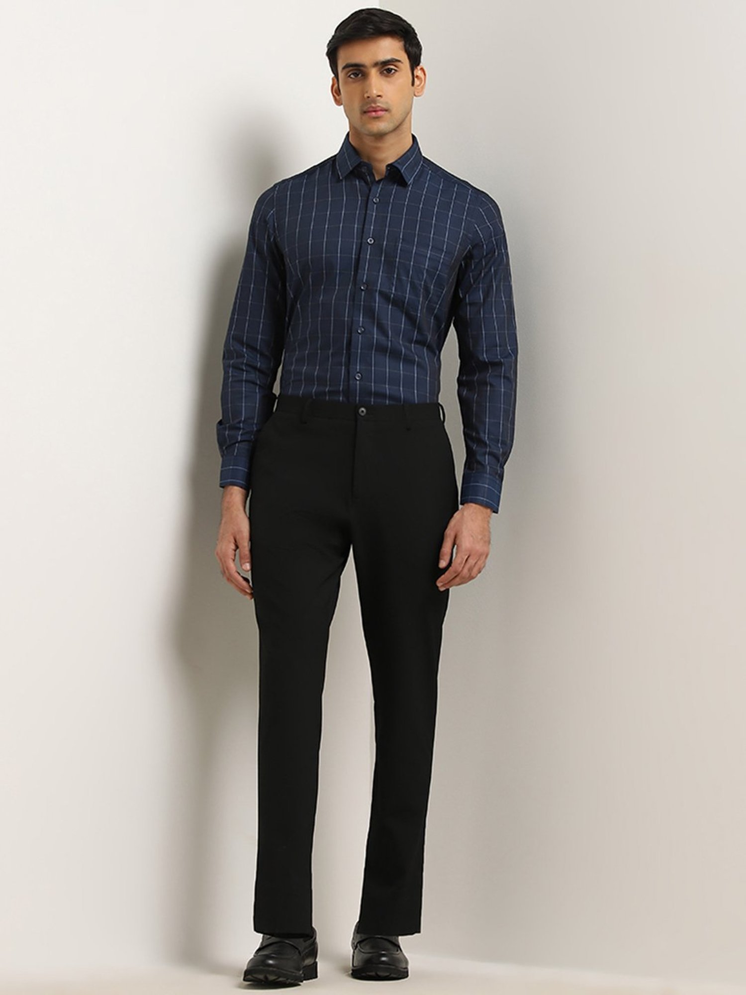 WES Formals by Westside Indigo Checks Printed Slim-Fit Cotton Shirt