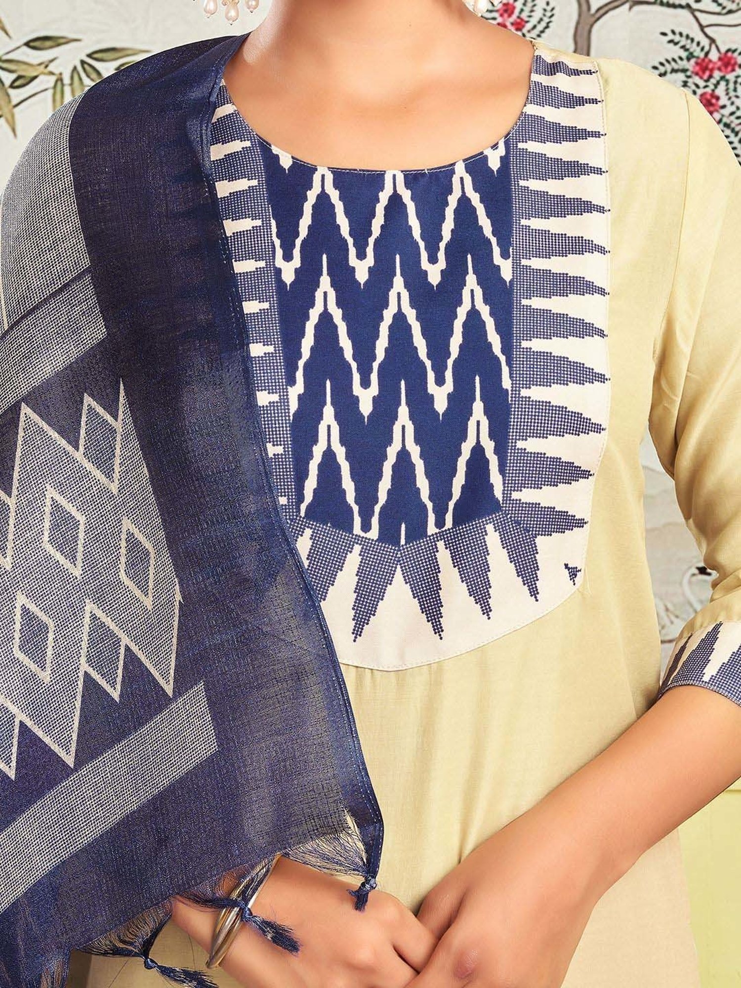 Skylee Beige Printed Kurta Pant Set With Dupatta