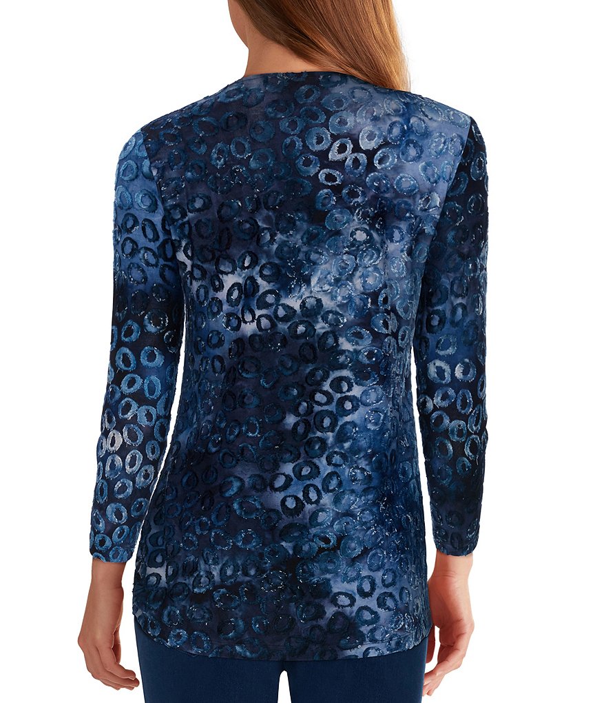 Ruby Rd. Leopard Tie-Dye Jacquard Ballet Neck 3/4 Sleeve Side Knot Hem Top