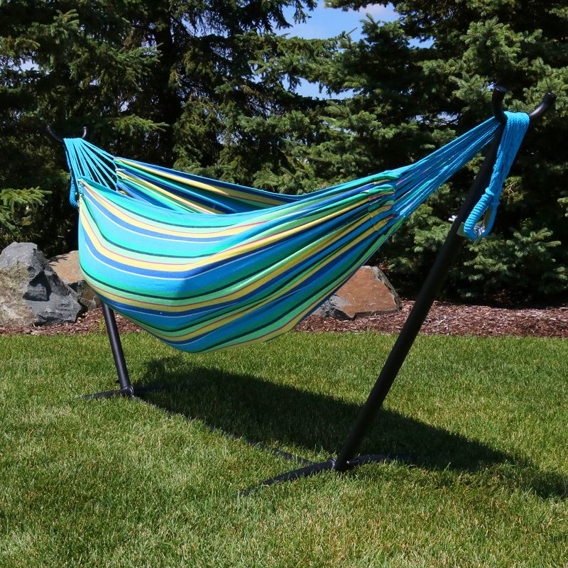 Sorbus Brazilian Double Hammock with Stand - Green, Blue Stripes