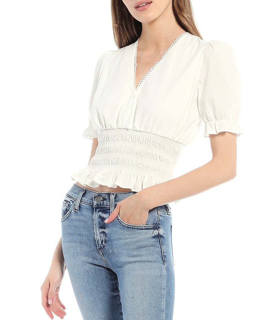WAYF Smocked Waist V-Neck Short Sleeve Top