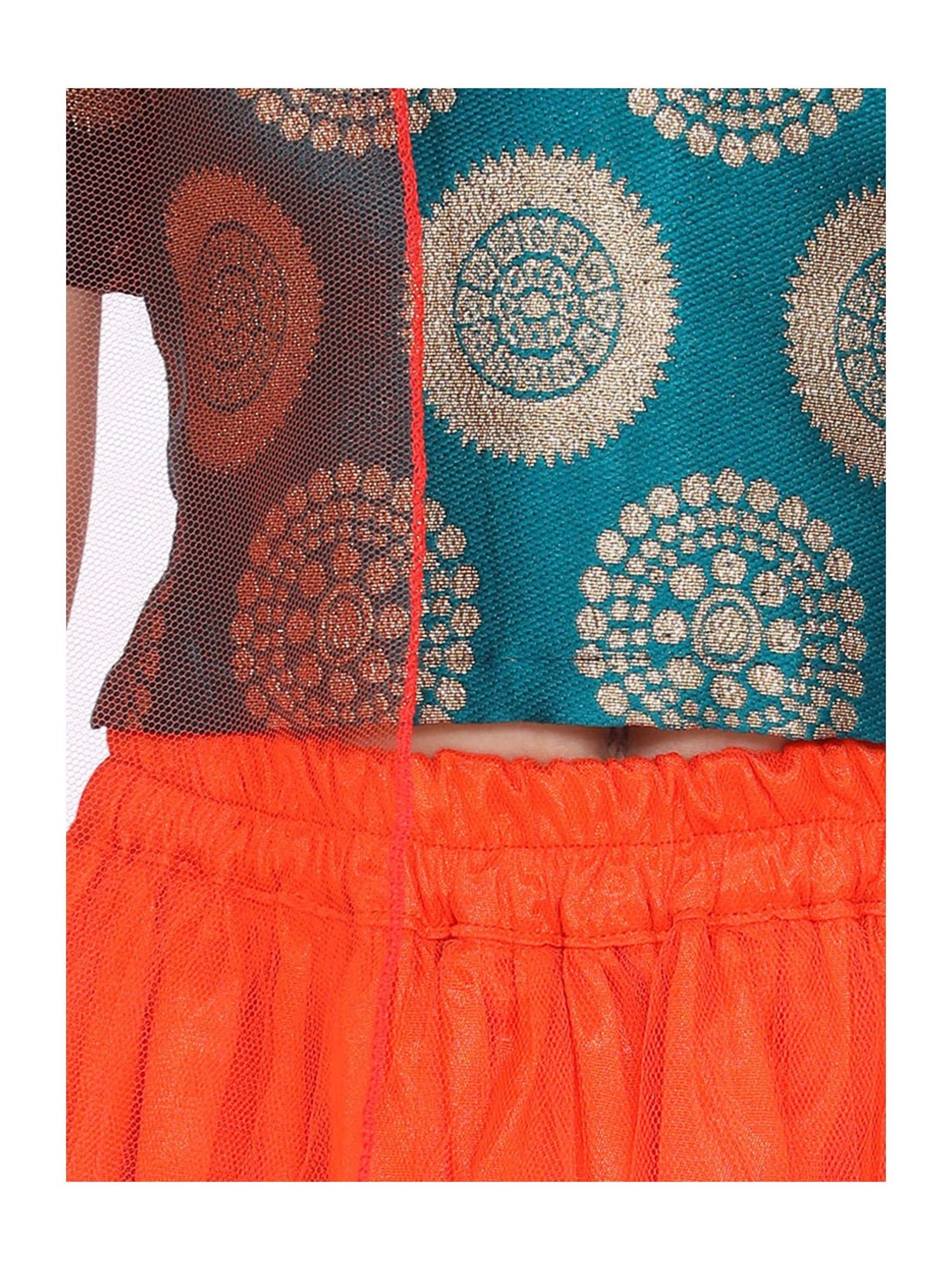 BownBee Kids Green & Orange Zari Work Lehenga Choli With Dupatta