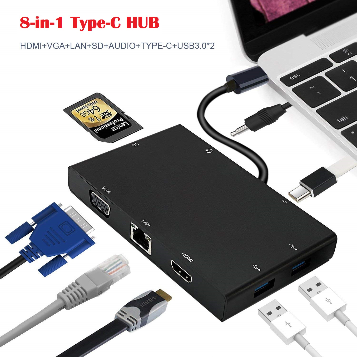 8in1 Type-C HUB with 4K HDMI VGA  1000M LAN  SD  2 x USB3.0  PD + 3.5mm Audio Adapter, Support 4K Video and Audio, Gigabit Ethernet, SD Card Reader, USB-C PD 60W Quick Charging and USB 3.0 HUB.
