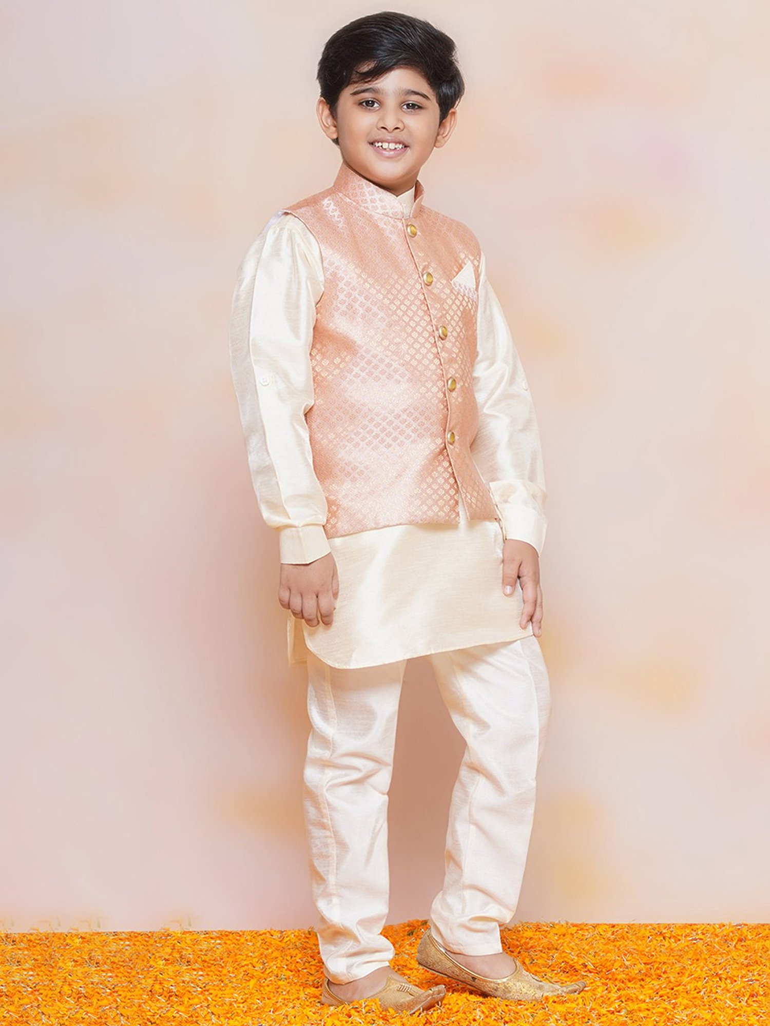 AJ Dezines Kids Peach Printed Full Sleeves Kurta, Pyjamas with Waistcoat