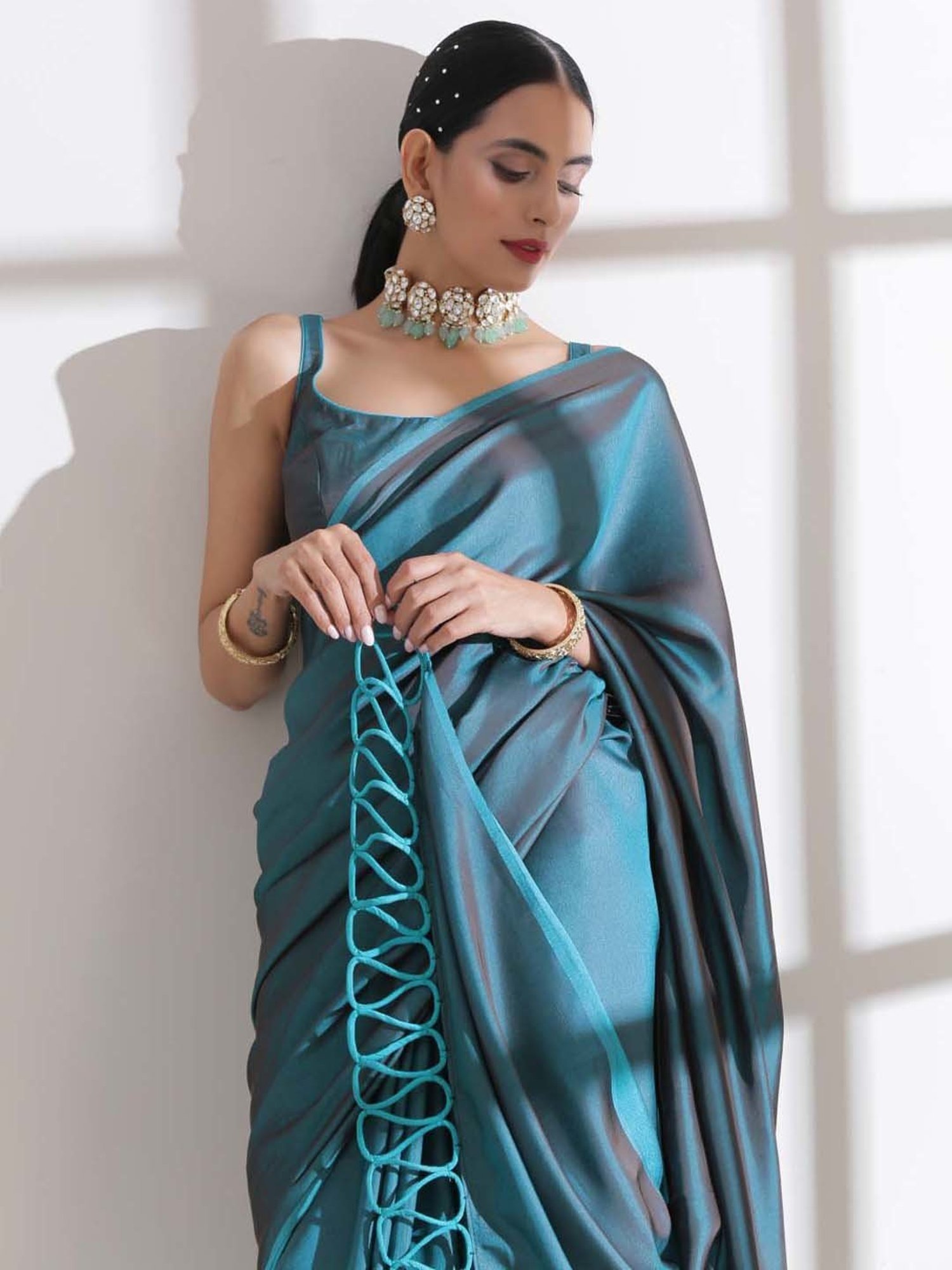 Swtantra Blue & Grey Satin Saree