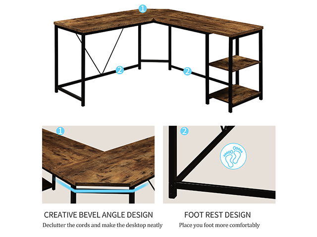 L-Shaped Computer Desk, Corner Desk, 59.1"L x 19.7"W x 30.7"H Writing Study Workstation with Shelves for Home Office, Gaming Table, Space-Saving, Easy to Assemble, Industrial, Brown,GT77