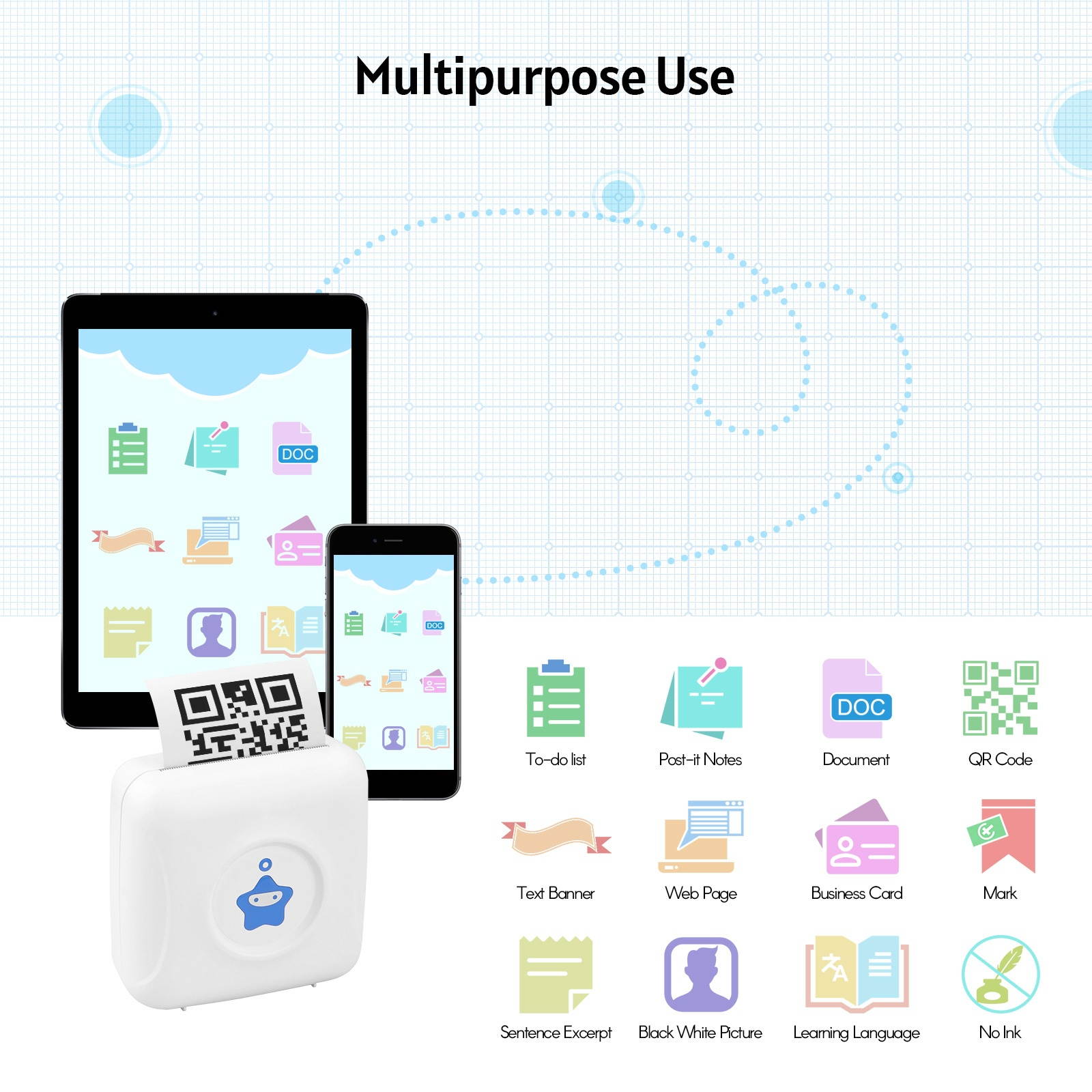 KKmoon Mini Portable Thermal Printer 300 DPI Desktop Label Printer USB Rechargeable Receipt Printer for Shipping Labels Sticker Phone