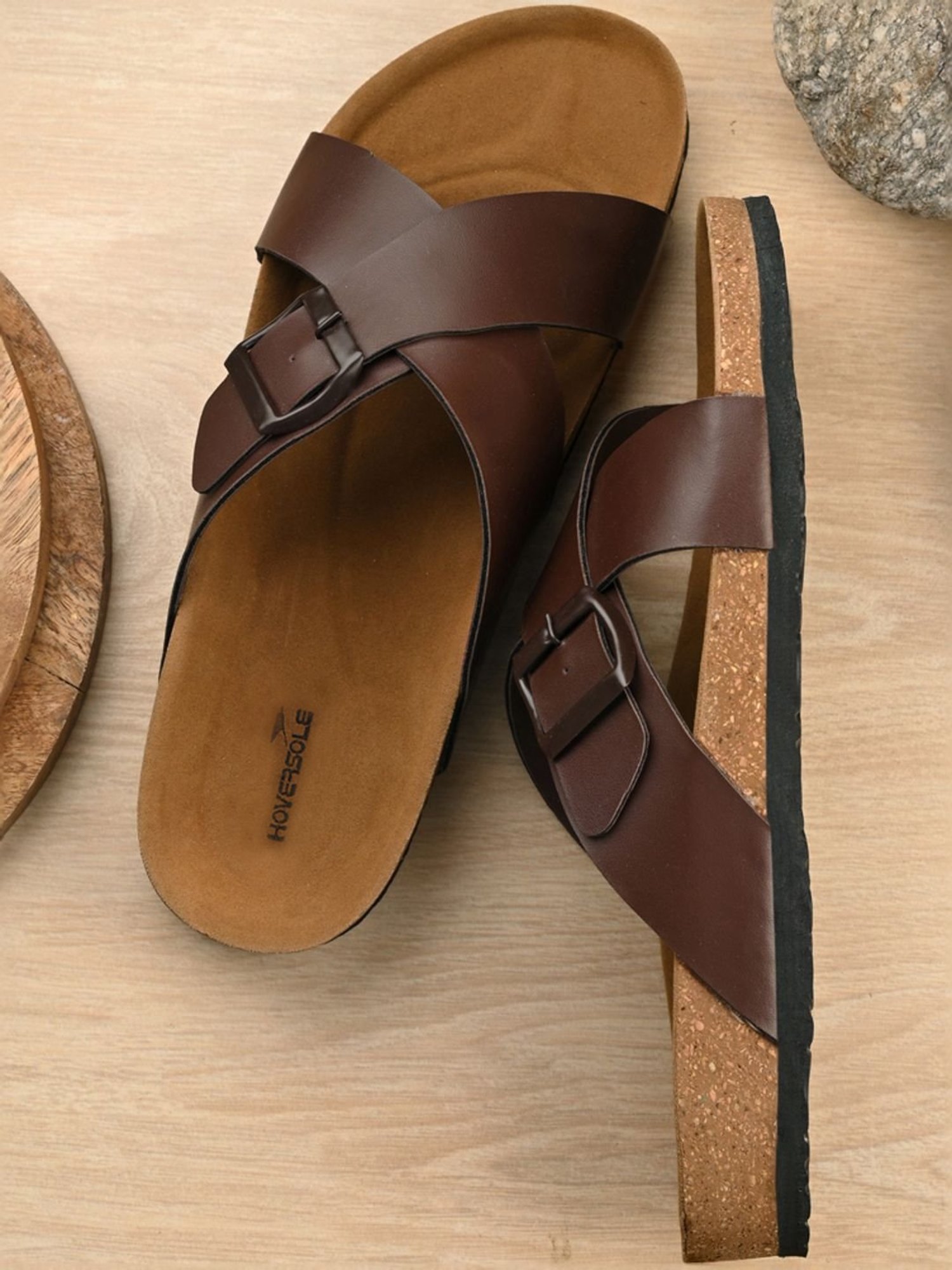 Hoversole Men's Brown Cork Cross Strap Sandals