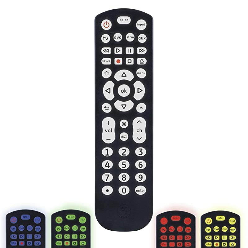 Color Select Backlit Universal Remote Control for Samsung, Vizio, LG, Sony, Sharp, Roku, Apple TV, RCA, Panasonic, Smart TV, Streaming Players, Blu-Ray, DVD, 4-Device, Black, 44220