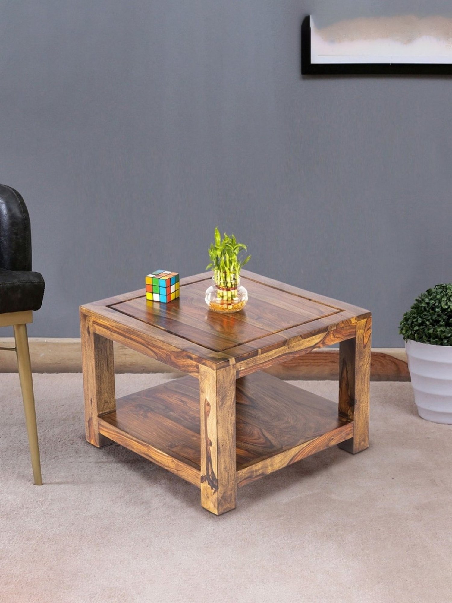 Ikiriya Lisbon Solid Brown Wood End Table Teak Finish