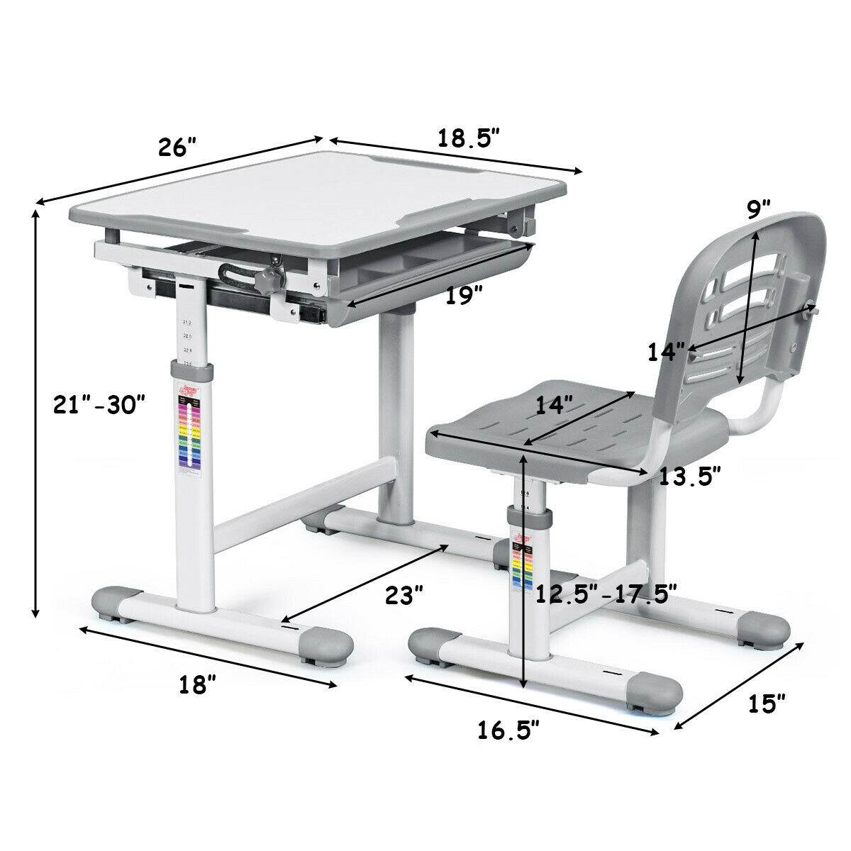 Height Adjustable Children&rsquo;s Desk Chair Set Multifunctional Study Drawing Gray