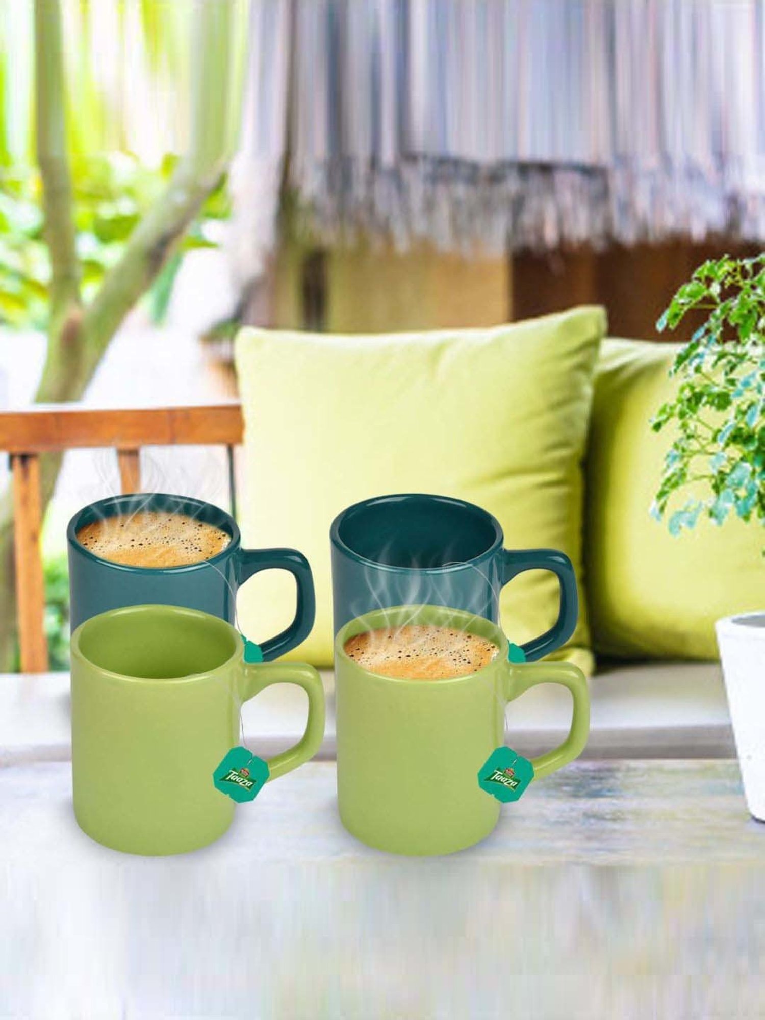 Urban Chef Dark Green & Parrot Green Ceramic Droite Handcrafted Microwave Safe Cup - Set of 4