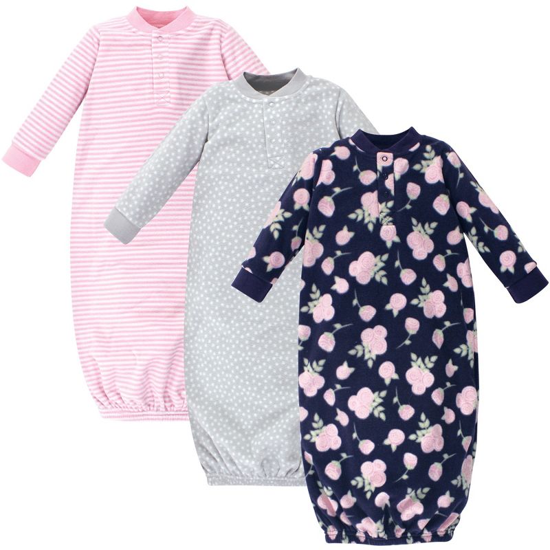 Hudson Baby Infant Girl Fleece Long-Sleeve Gowns 3pk, Navy Rose, 0-6 Months