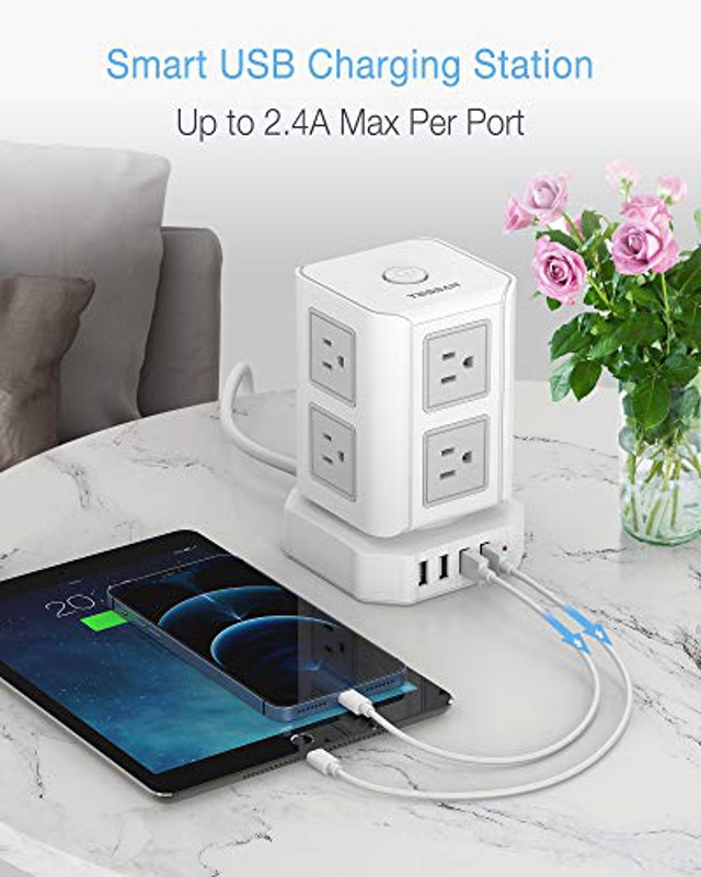Power Strips Tower, Long Extension Cord 10 ft, TESSAN Surge Protector 8 Widely Spaced AC Outlets 4 USB Ports, Multiple Outlets Charging Station Circuit Breaker Safeguard for Home, Office, School