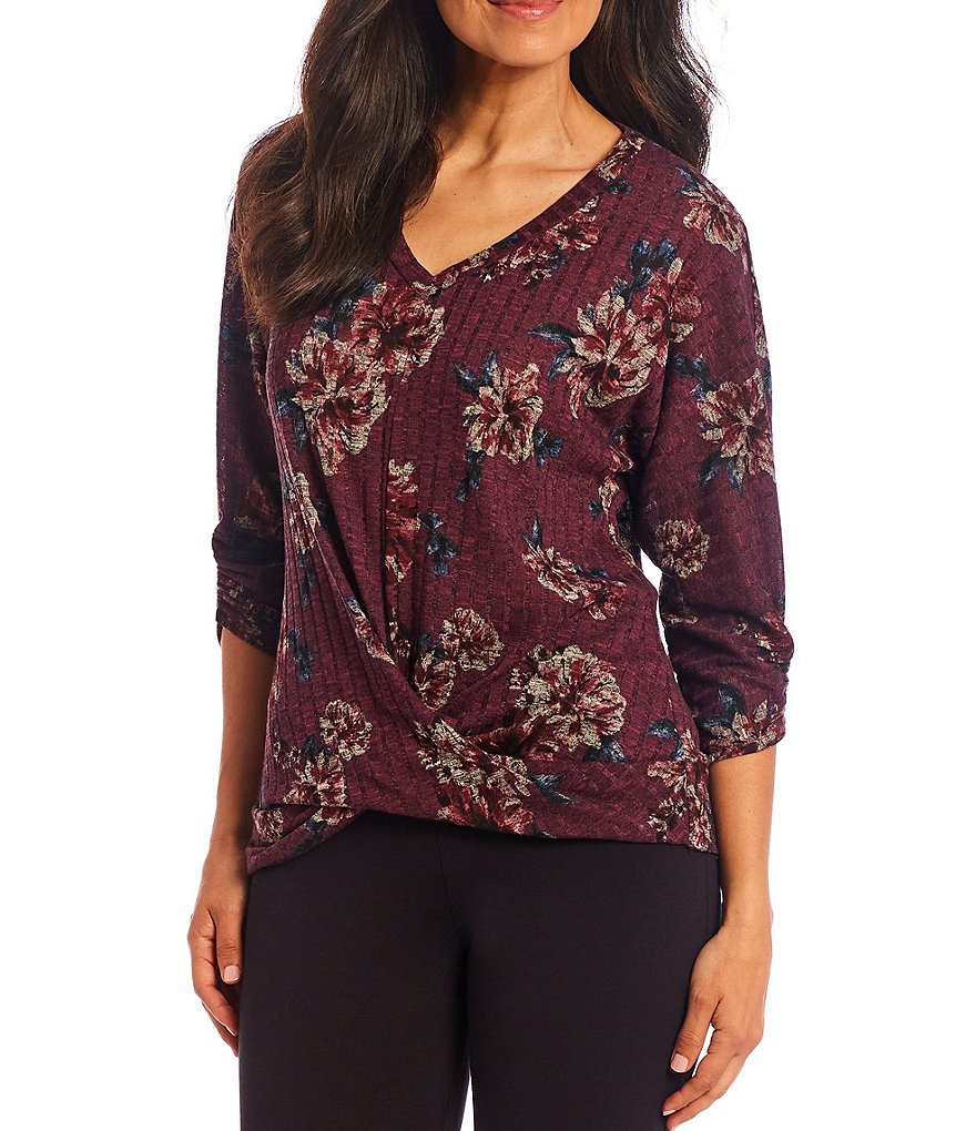 I.N. Studio V-Neck 3/4 Sleeve Floral Print Twist Front Top