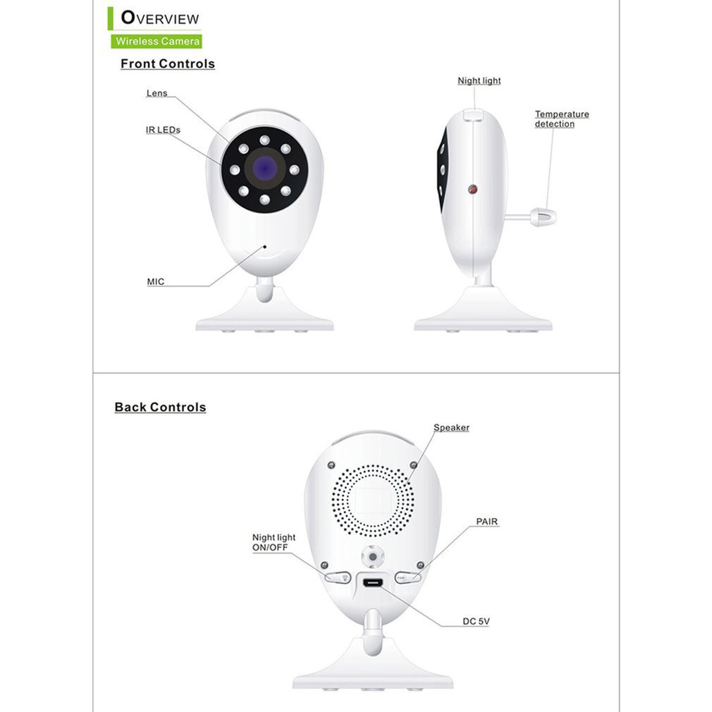 2.4 Inch Kid Monitoring Equipment With Camera Intercom Function Digital Wireless Surveillance Night Vision Temperature Sensor - white black
