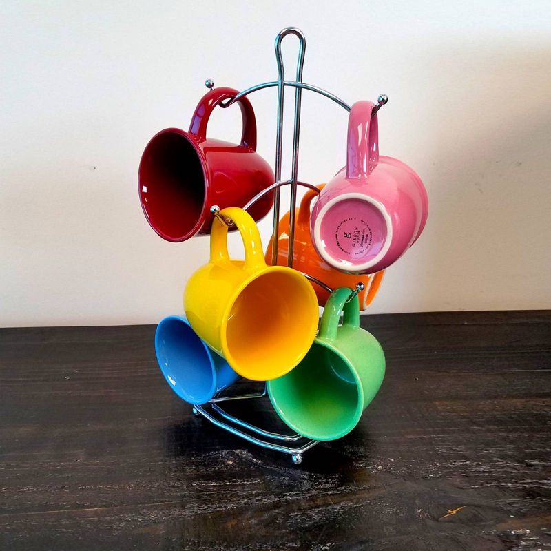 Gibson Home 7pc Stoneware Color Curve Assorted Mug Set with Metal Rack