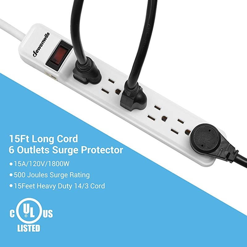 6Outlet Power Strip Surge Protector Long Extension Cord Low Profile Flat Plug and 15 Amp Circuit Breaker 500 Joules Wall Mount UL Listed 15 Foot White
