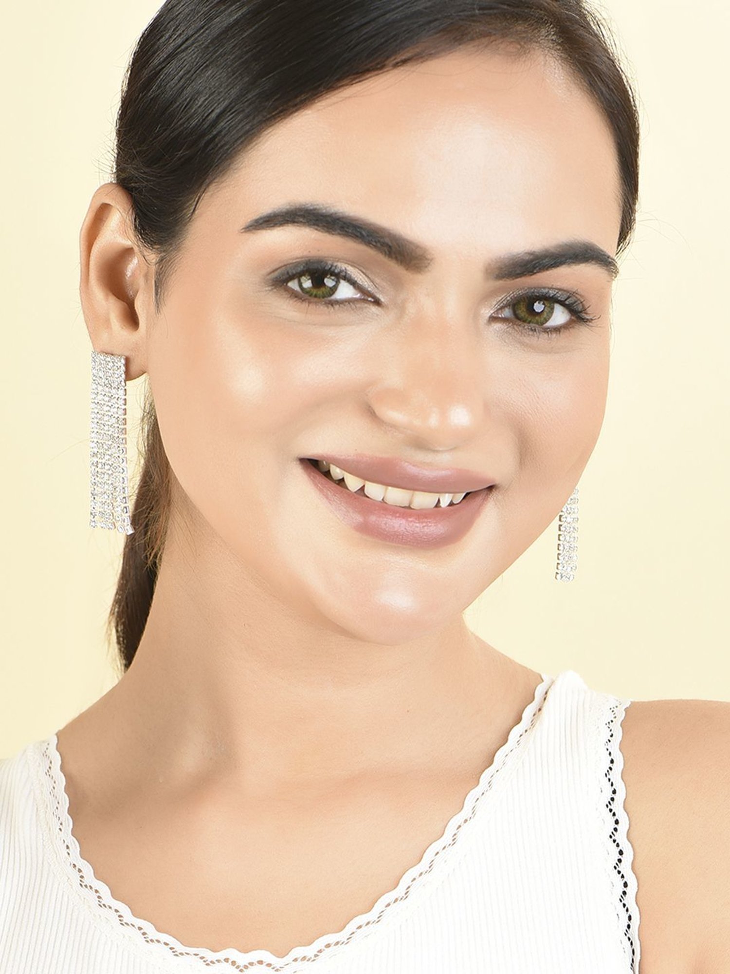 Toniq Partywear Silver-Plated CZ Stone Studded Long Strands Drop Earrings for Women