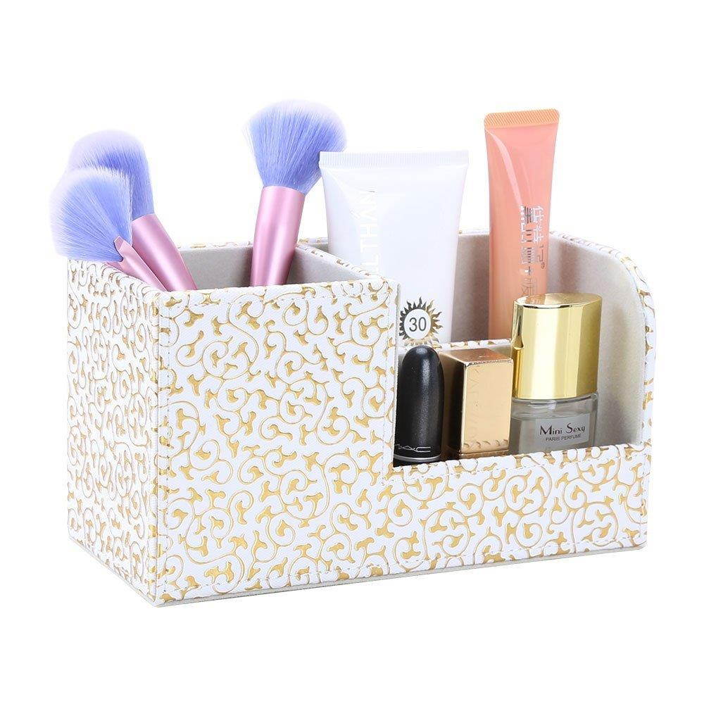 KINGFOM Leatherette Desk Organizer Pen/Pencil/ Remote Control/Cell Phones/Brushes Holder Office Container Storage Box (S-Gold&White)
