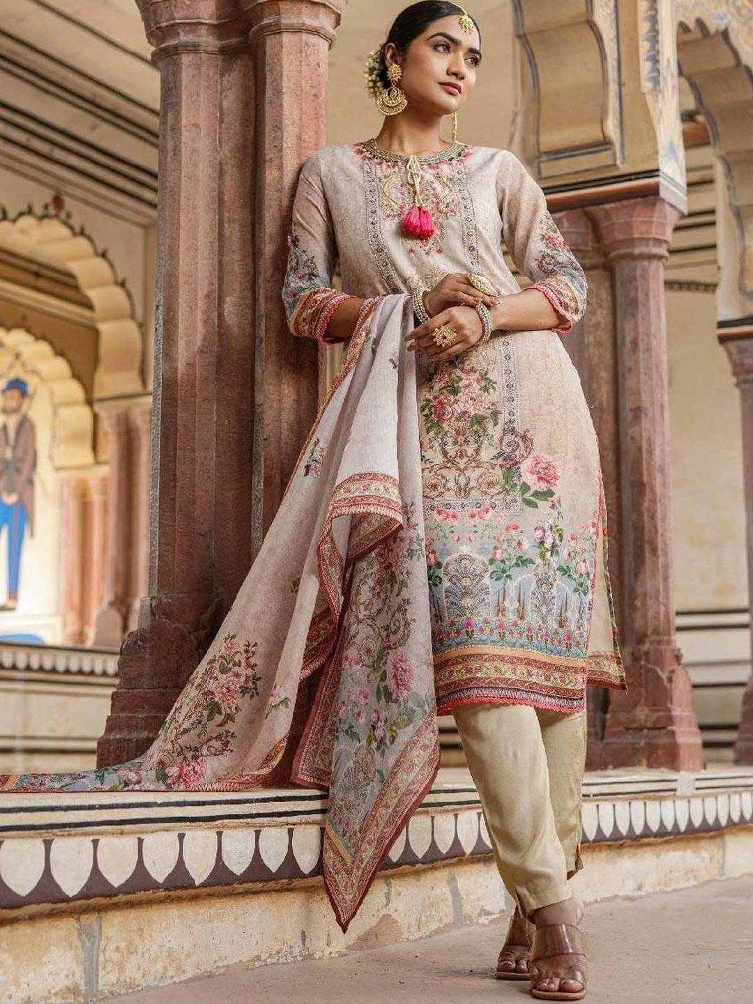 Scakhi Beige Chanderi Floral Print Pakistani Kurta and Pant With Dupatta