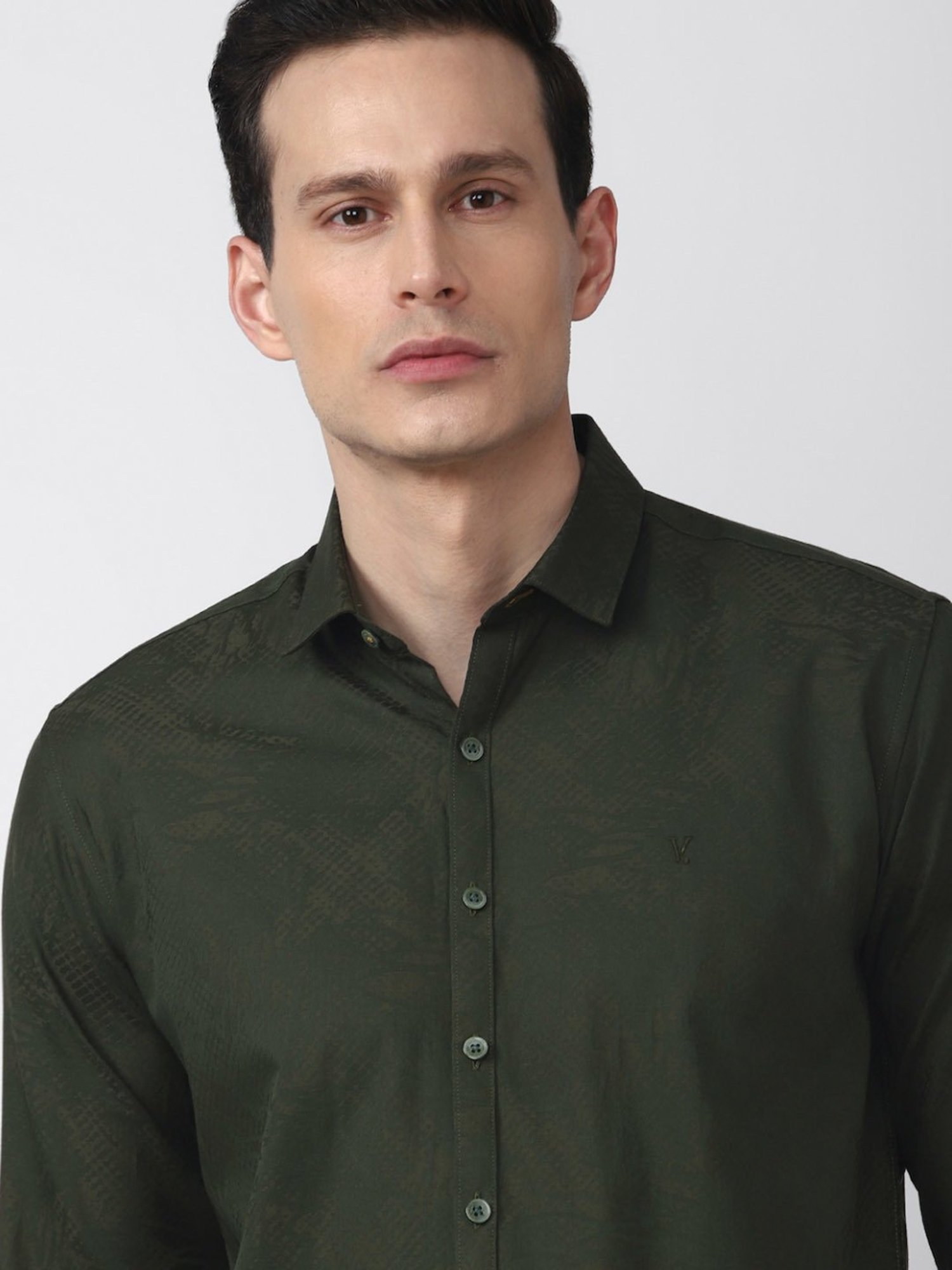 V Dot Green Cotton Slim Fit Printed Shirt