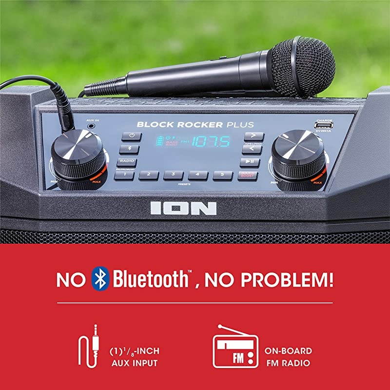 Audio Block Rocker Plus - Portable Bluetooth Speaker 100W W/Battery, Karaoke Microphone, AM FM Radio, Wheels & Telescopic Handle and USB Charging