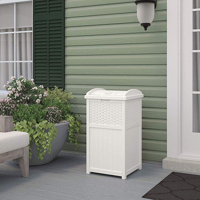 Suncast GHW1732WH 15.75" x 16" x 31.6" Trashcan Hideaway Outdoor Commercial 33 Gallon 31.6" Resin Garbage Waste Bin with Lid in White for Garage
