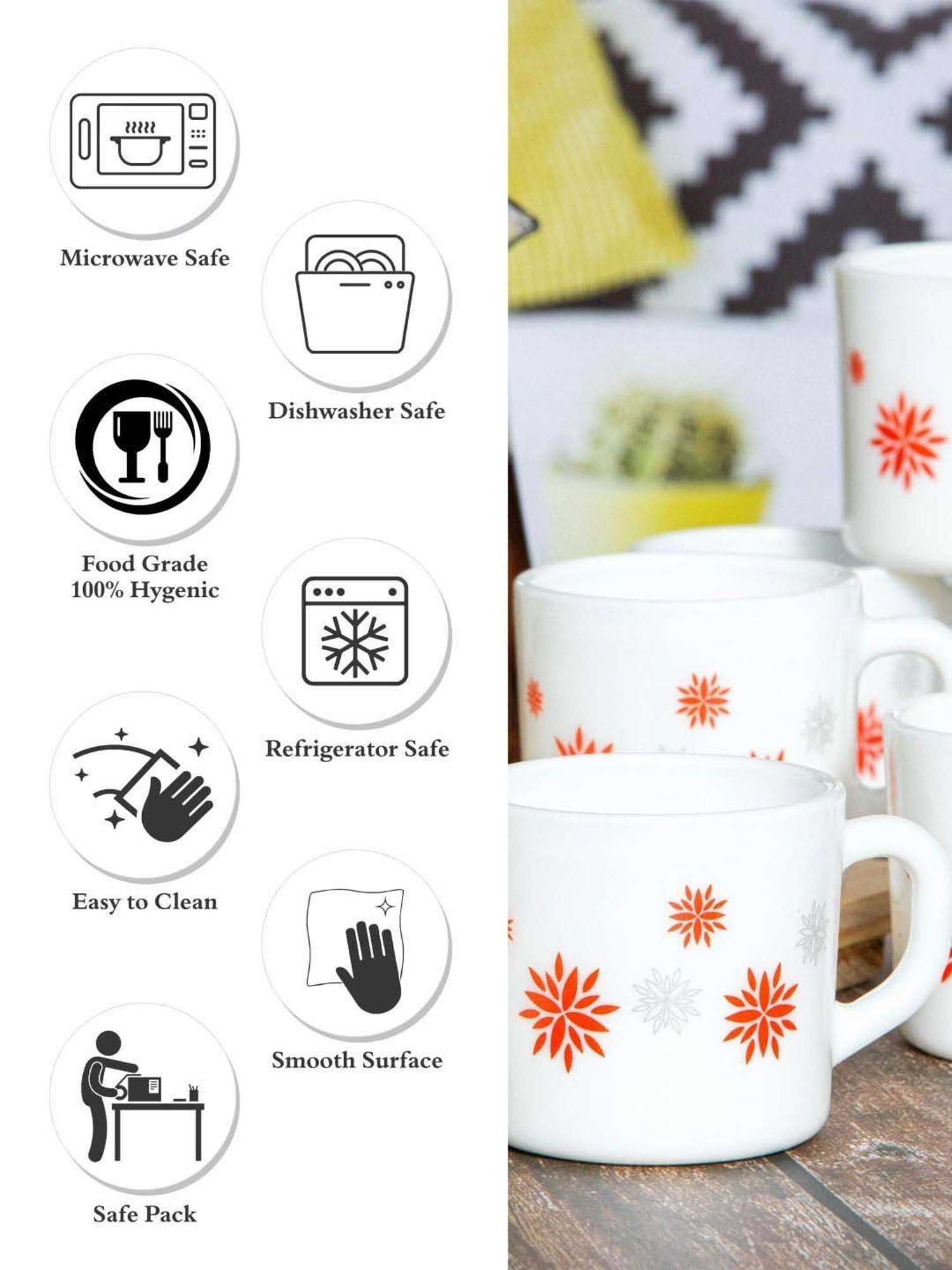 Cello White & Orange Glass Coffee Mug (0.1 L) - Set of 6