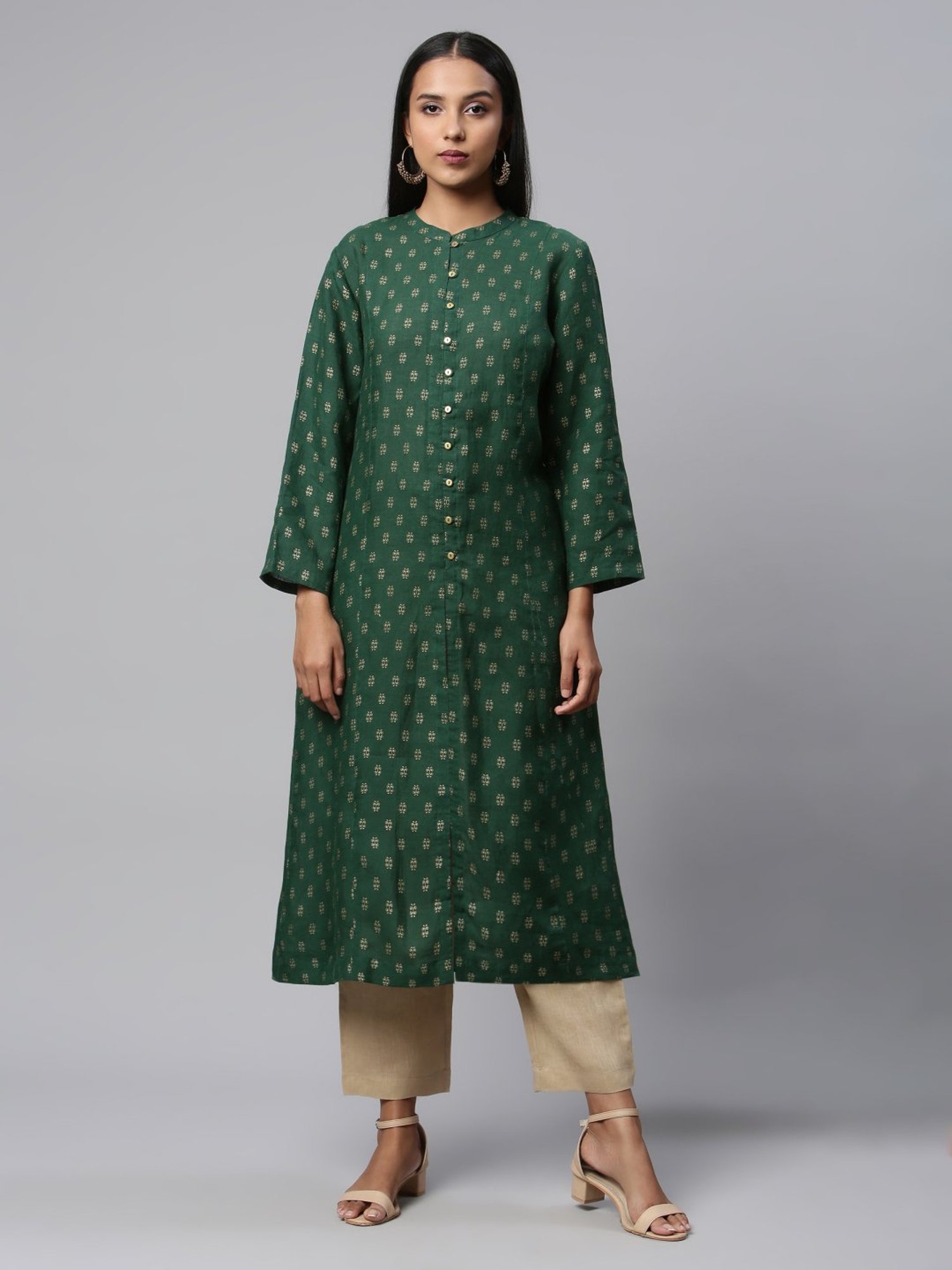 Linen Club Woman Green Linen Printed A Line Kurta