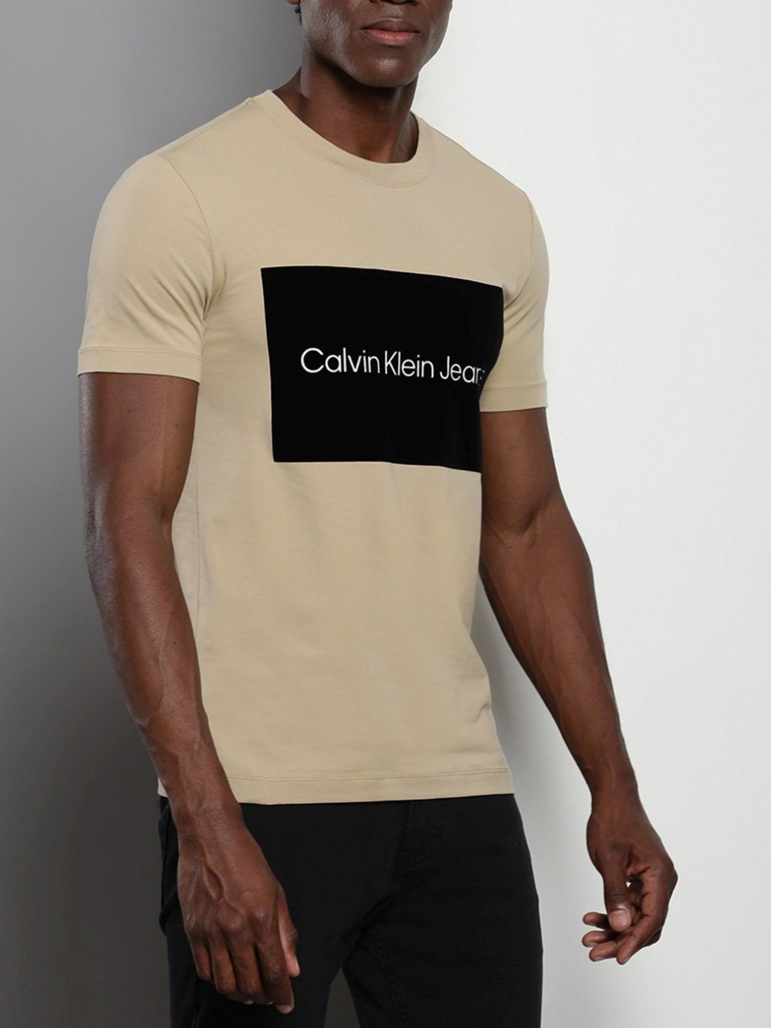 Calvin Klein Travertine Cotton Slim Fit Colour Block T-Shirt