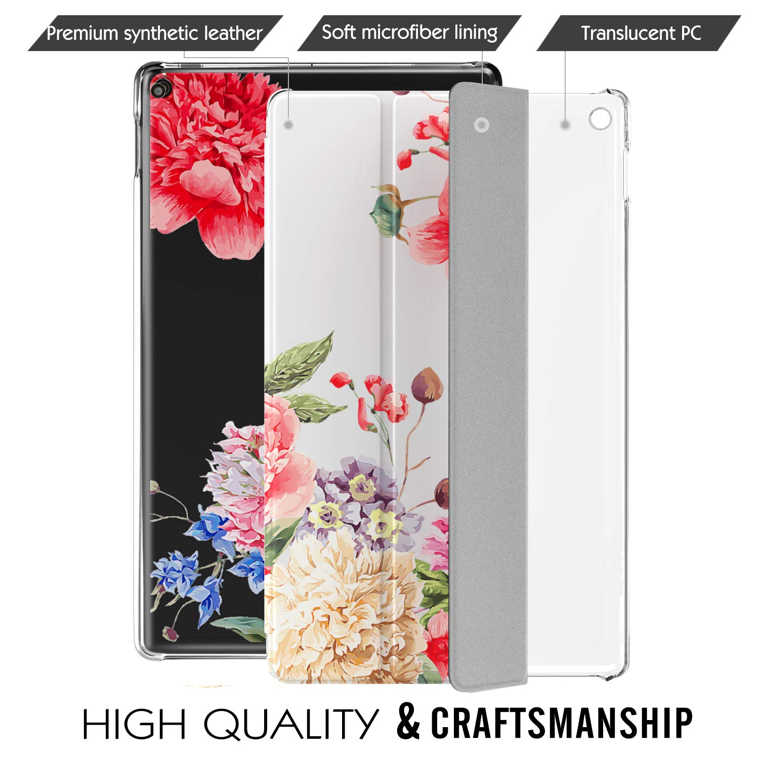 MoKo Case Fits All-New Fire HD 10 (7th Generation and 9th Generation, 2017 and 2019 Release), Smart Shell Stand Cover with Translucent Frosted Back for Fire HD 10.1 Inch - Flowers Blossom
