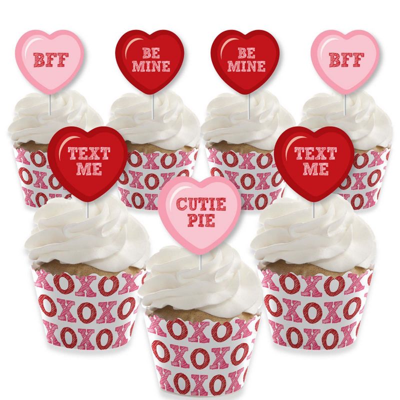 Big Dot of Happiness Conversation Hearts - Cupcake Decoration - Valentine's Day Party Cupcake Wrappers and Treat Picks Kit - Set of 24