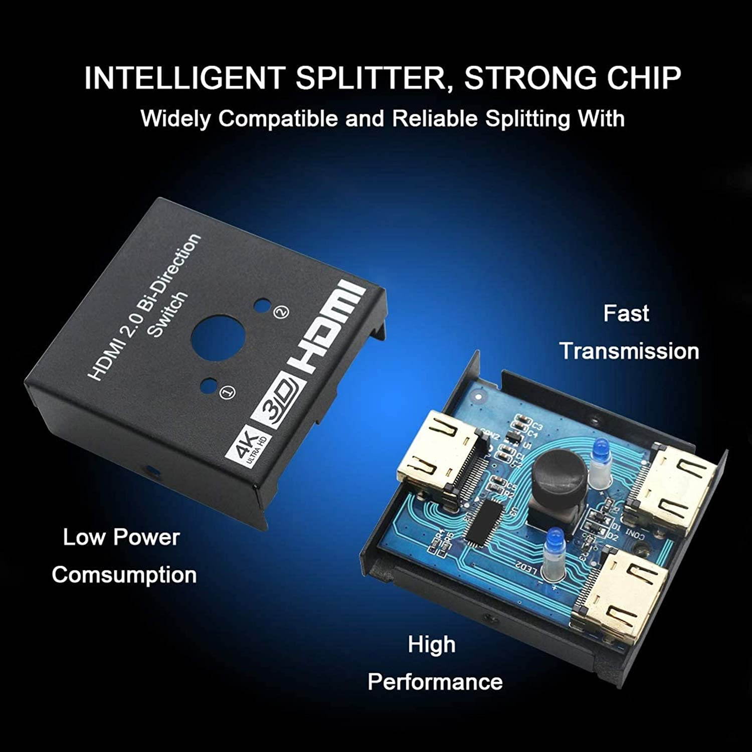 HDMI Splitter, 4K HDMI Switch Aluminum Bi-Directional HDMI Switcher 2 Input 1 Output,2 x 1/1 x 2 No External Power Required Supports 4K 3D HD 1080P