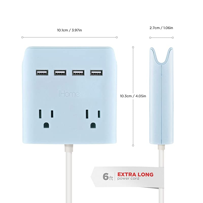 Plug Outlet Extender amp Splitter iHome PowerReach 6ft Extension Cord with 2 Outlets amp 4 USB Ports for ple Smartphone Charging DesktopMagnetic Wall Mounting Charger