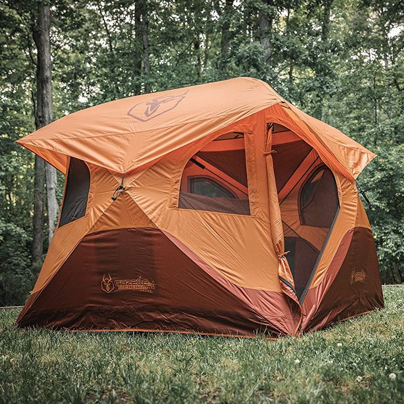 Gazelle GT401SS T4 Extra Large 4 Person Capacity Portable Pop Up Outdoor Shelter Camping Hub Tent with 2 Doors and 6 Windows, Orange