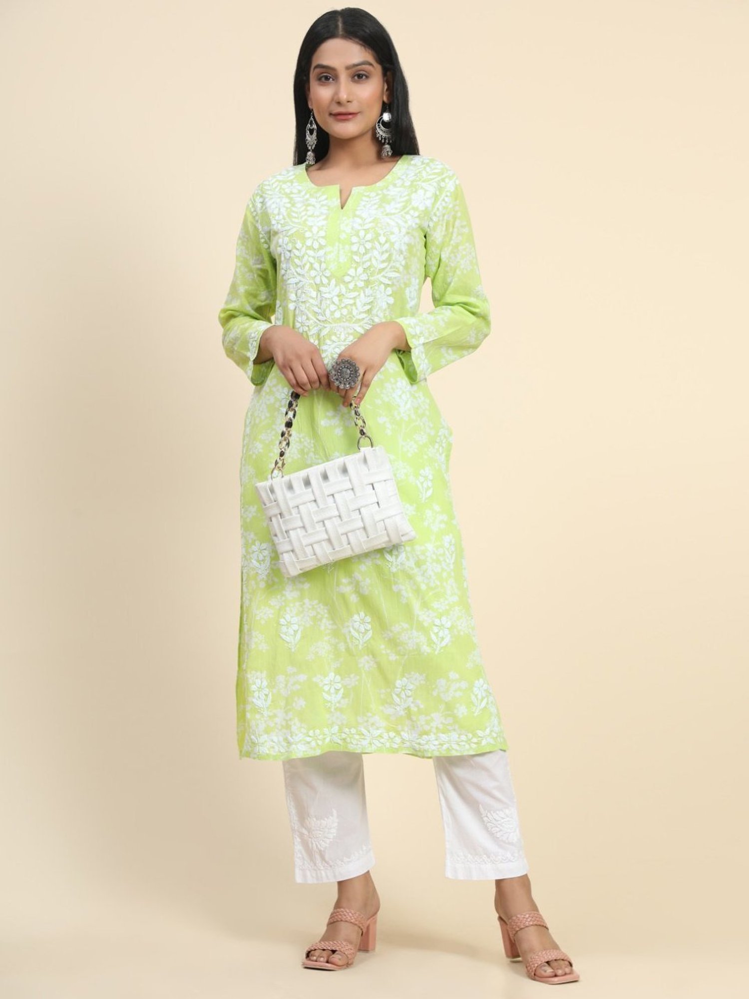 House Of Kari Noor Printed Emb Kurta in Mul-Yellow Green