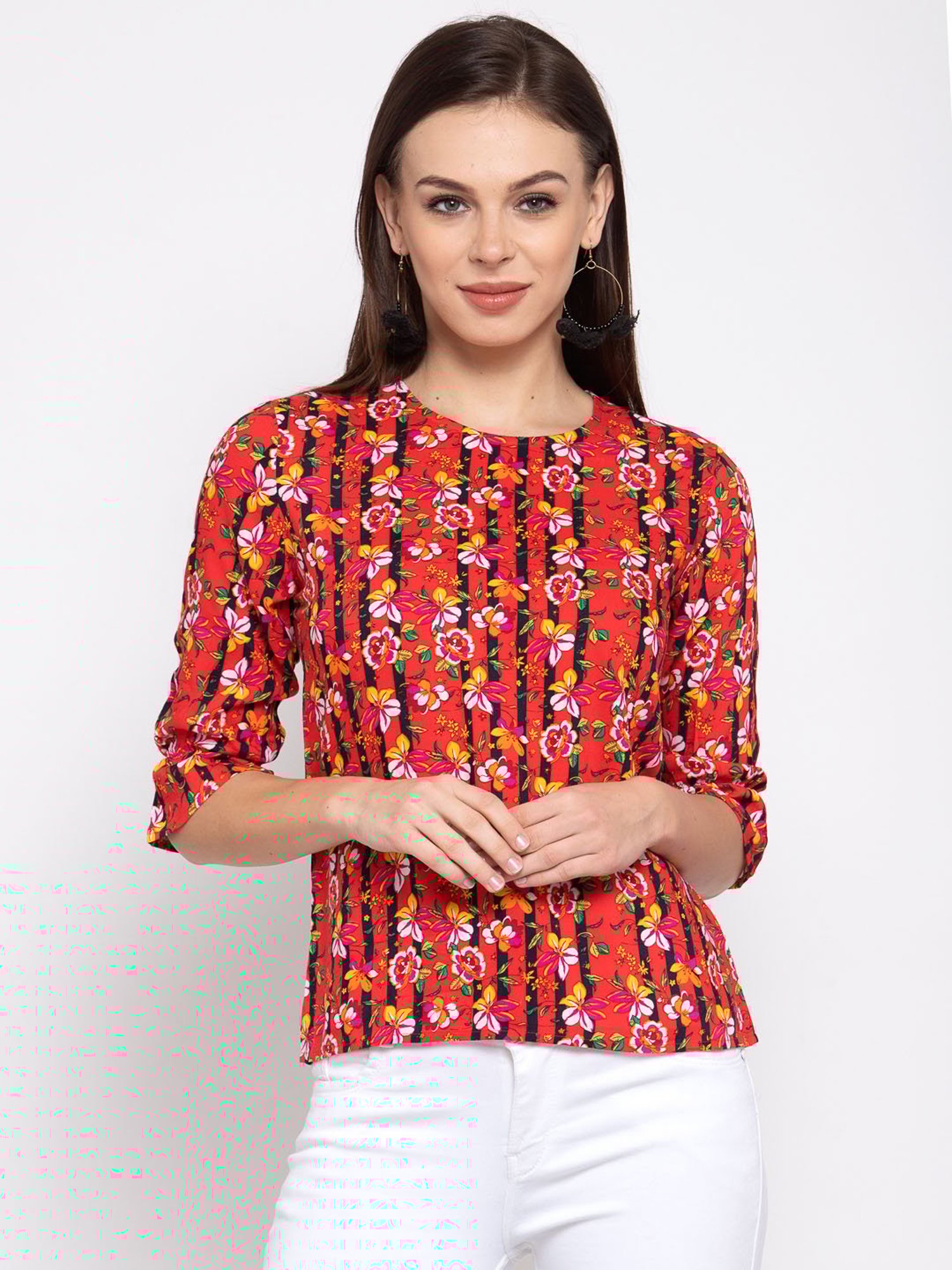 Style Quotient Women Coral And Multi Floral Printed Rayon Smart Casual Top