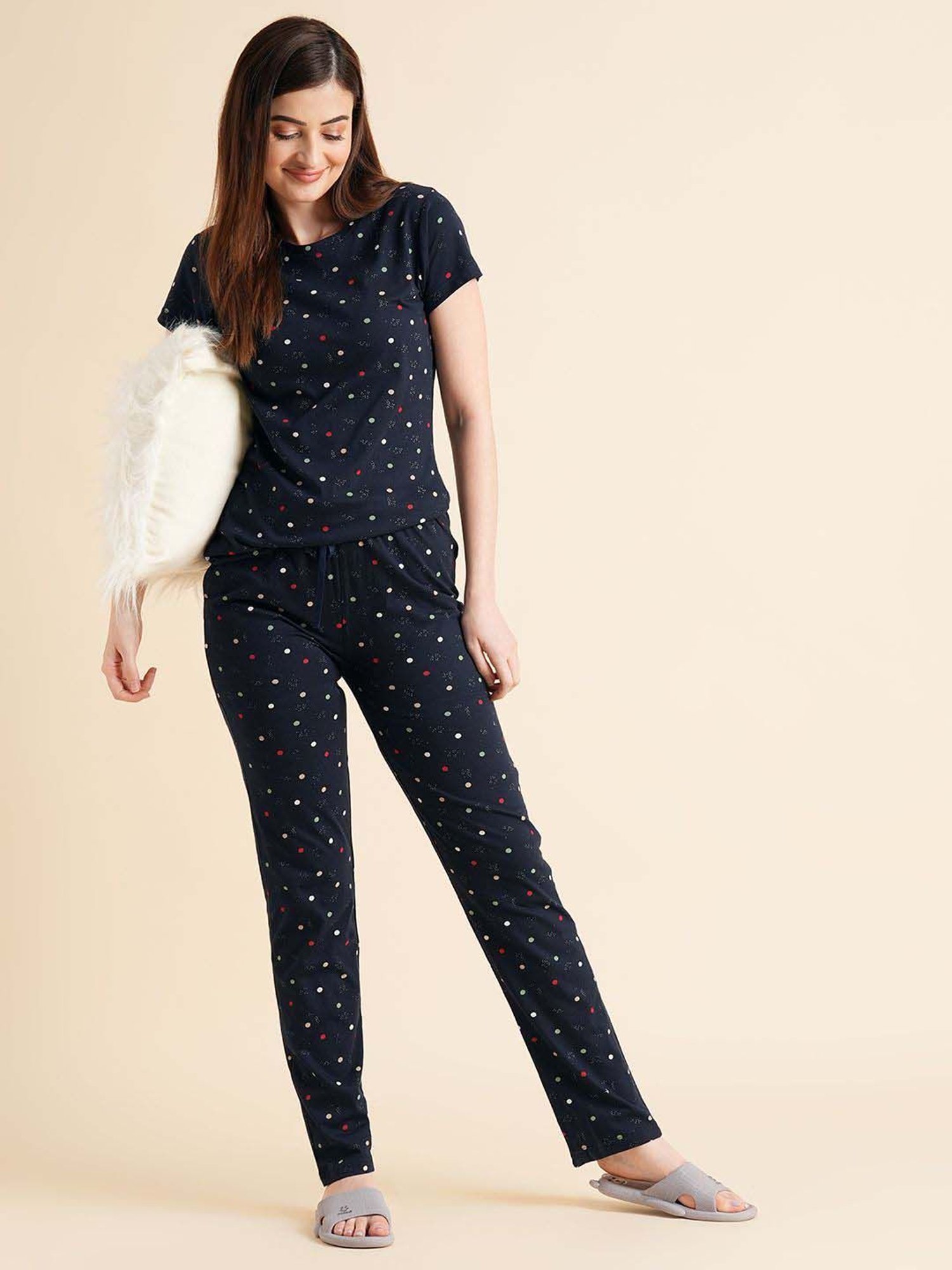 Sweet Dreams Navy Cotton Printed T-Shirt Pyjama Set
