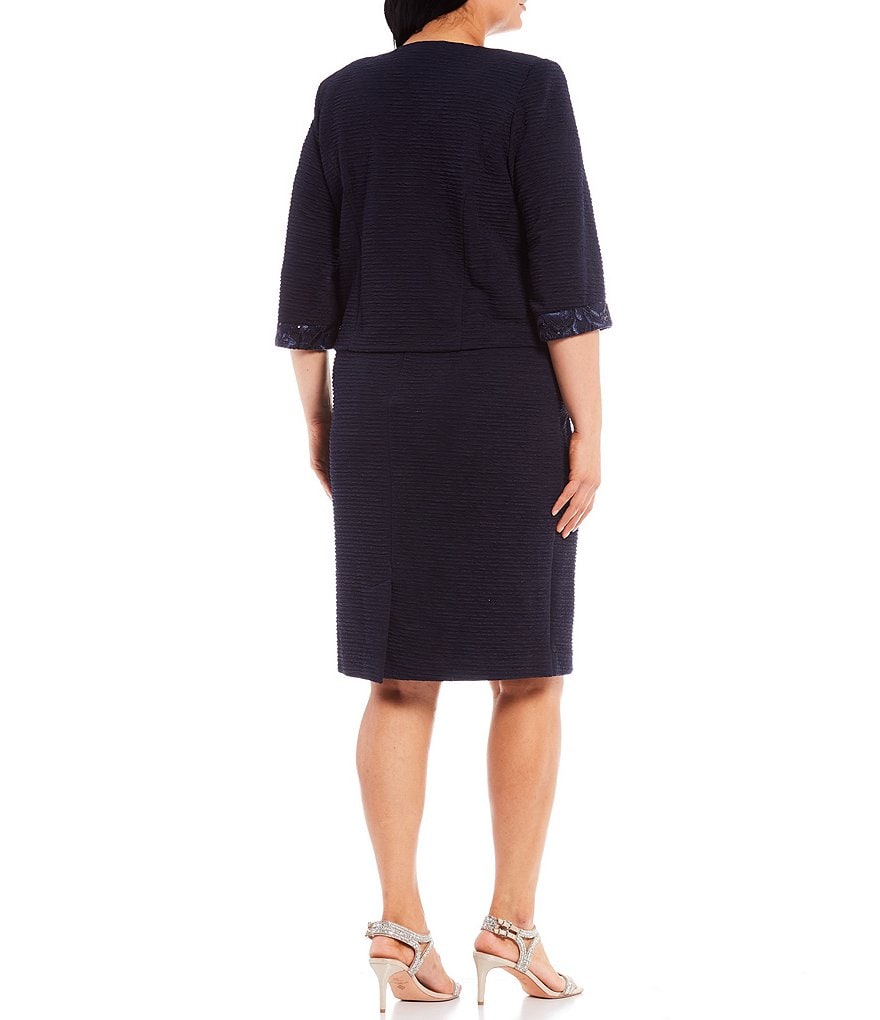 Le Bos Plus Size 3/4 Sleeve Round Neck Embroidered Mesh Trim Textured 2-Piece Jacket Dress