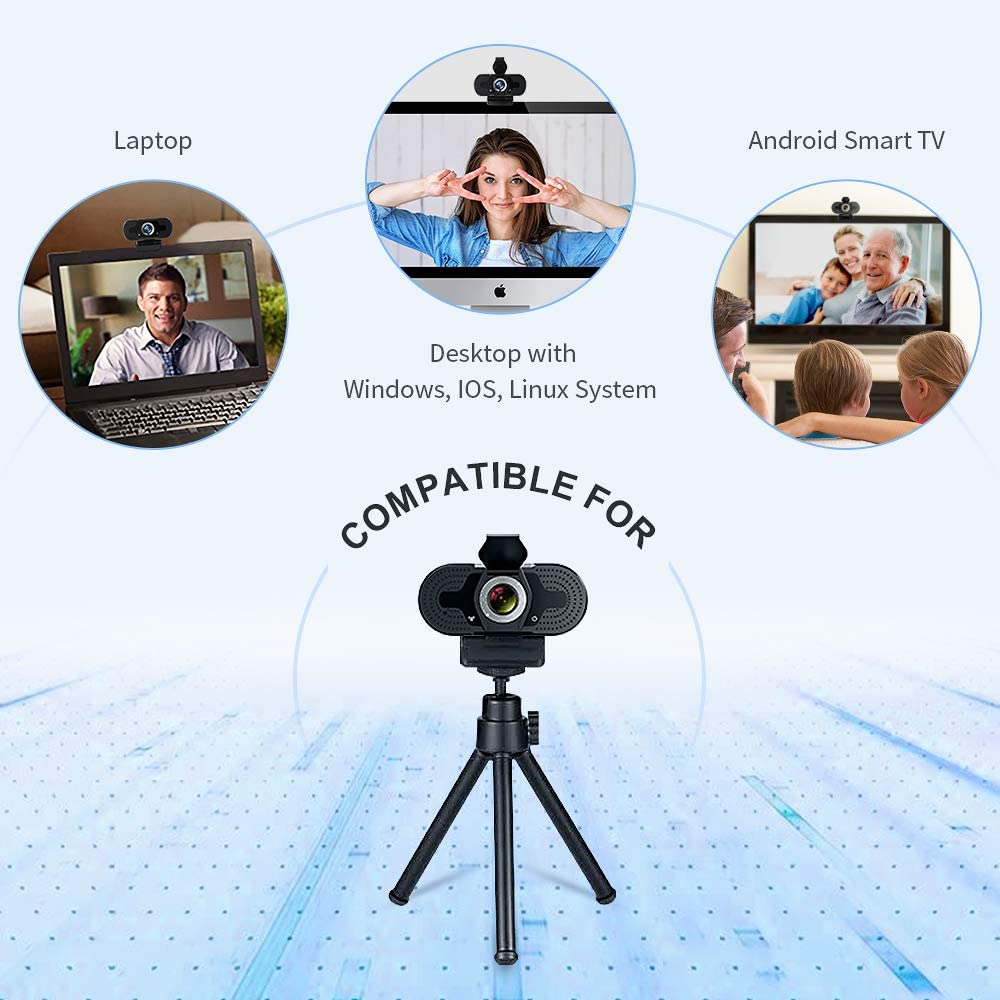 TROPRO 1080P webcam for PC, full HD computer camera with cover, USB web cam with microphone, cover, expandable tripod, streaming camera for Skype, Streaming, teleconference etc.