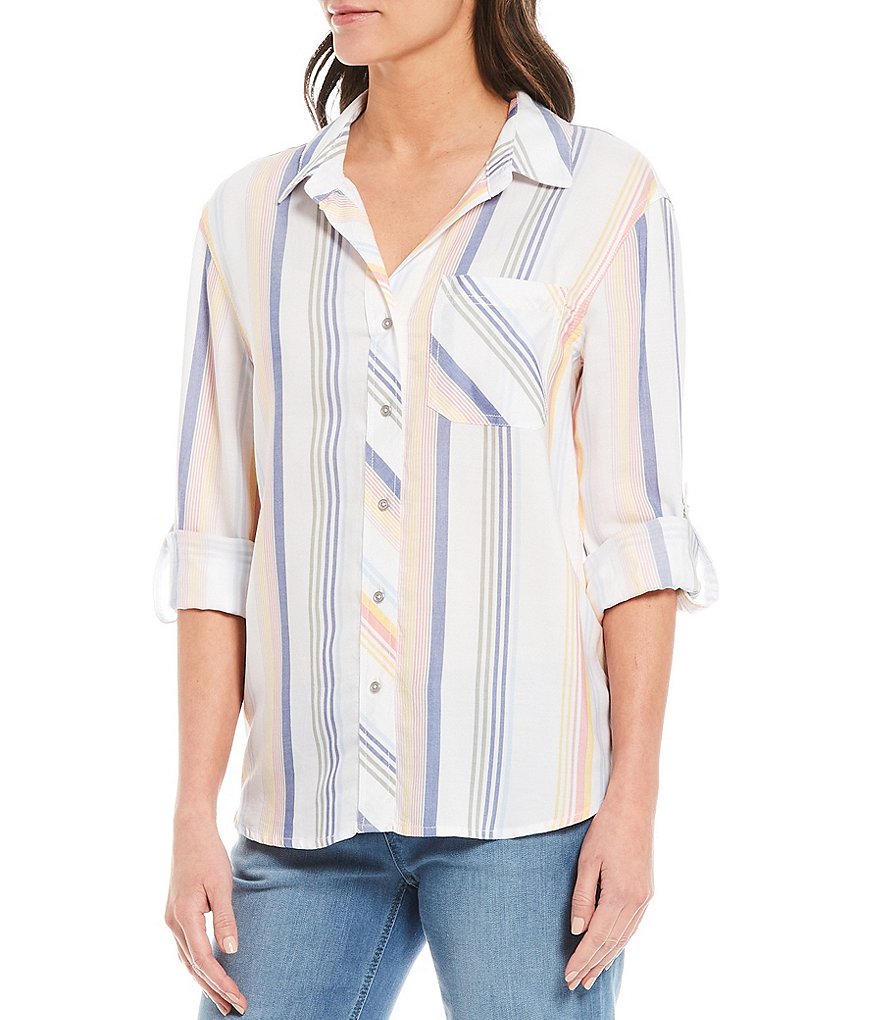 Westbound Petite Size Candy Stripe Roll Sleeve Button Front Shirt