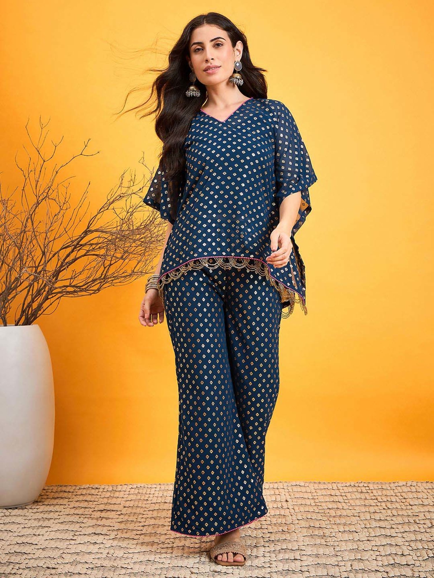 The Kaftan Company Blue Printed Top Pants Set