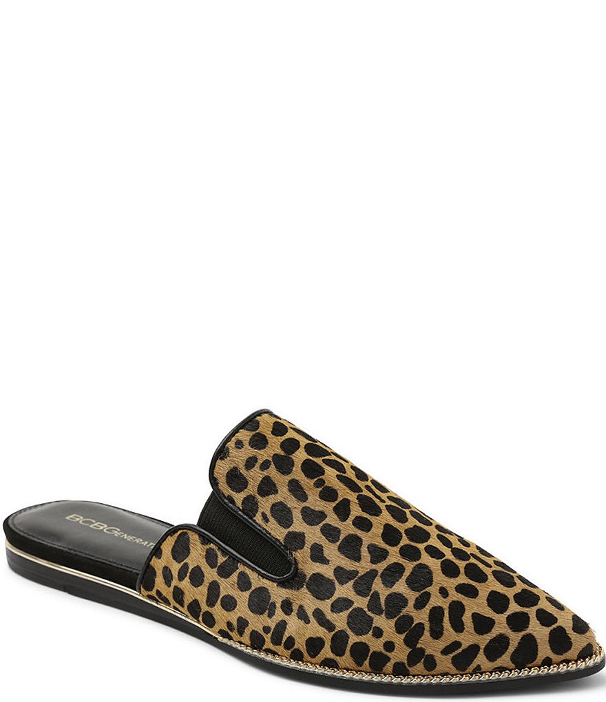 BCBGeneration Lanni Cheetah Print Chain Detail Calf Hair Mules